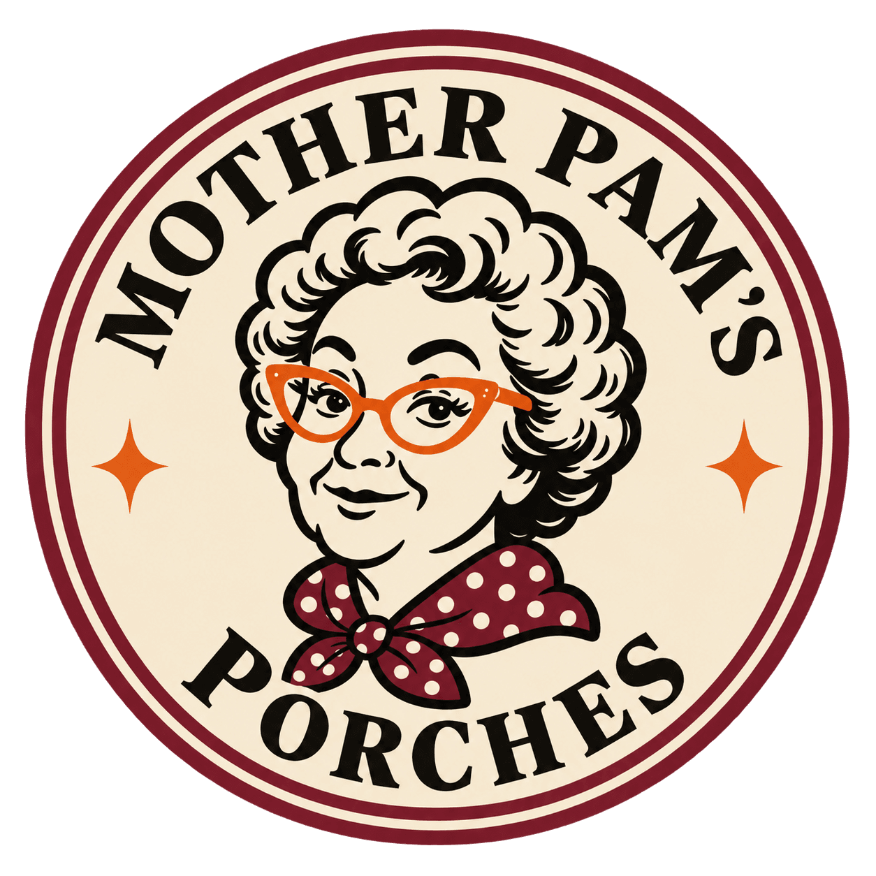 Mother Pam’s Porches seal, with Mother Pam in orange glasses and an oxblood scarf
