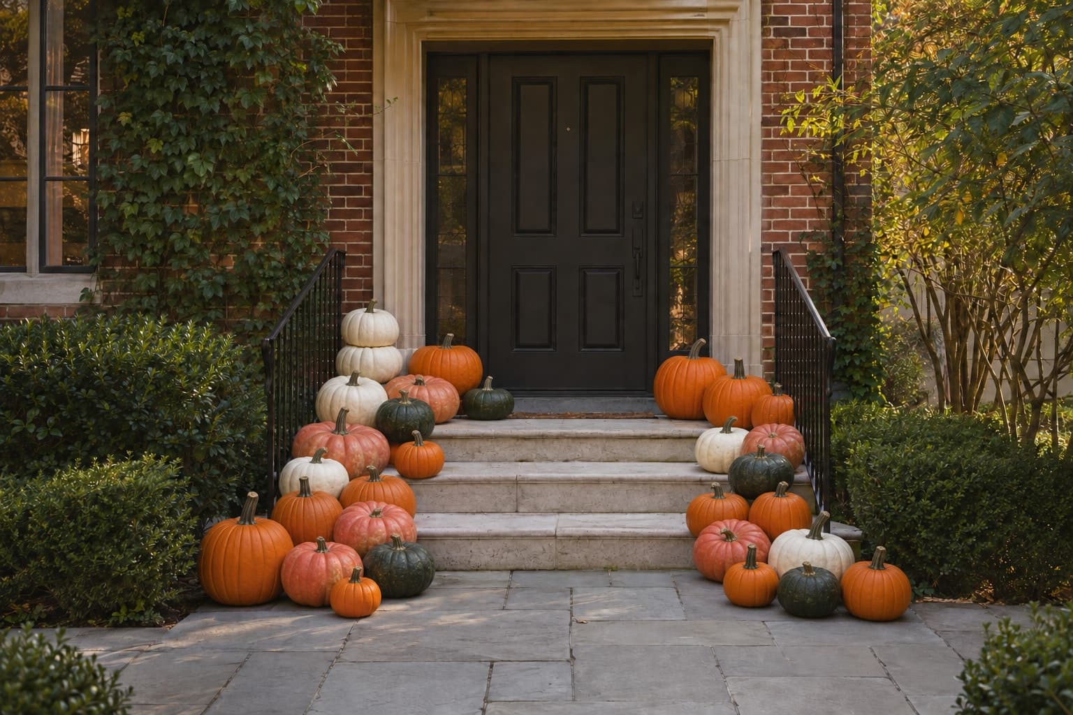 Fall porch design concept: heirloom pumpkins massed up both sides of limestone steps to a black double door on a brick house