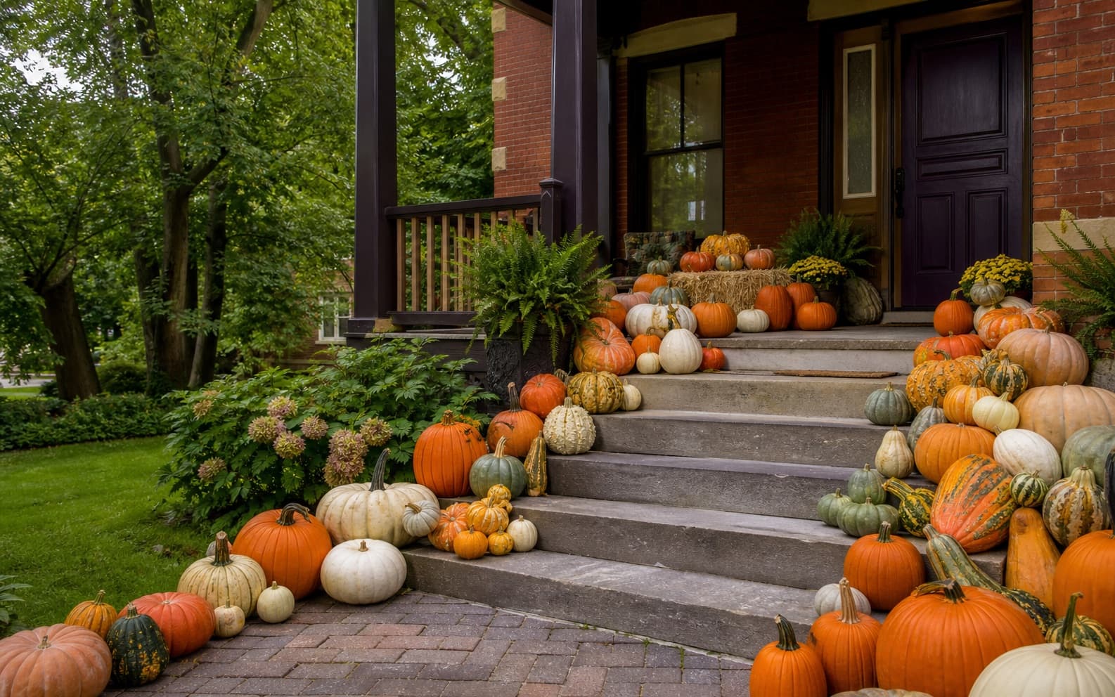 AI-assisted visual concept: a brick Cincinnati front porch with layered heirloom pumpkins arranged across the steps